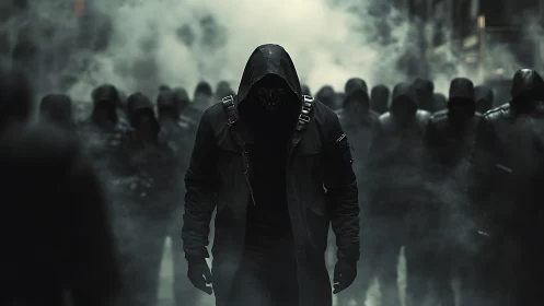 Cinematic hooded figure leading masked legion through vaporous street.