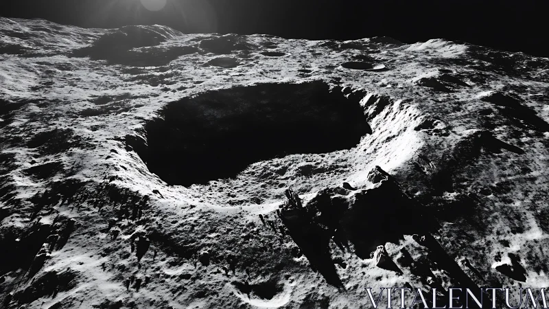 Lunar impact crater in stark raking light, high contrast terrain.
