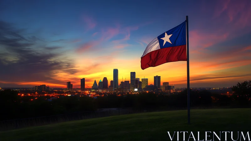 Texas flag dominates Dallas skyline under vivid sunset glow.