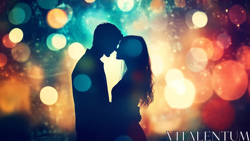 Silhouetted couple kissing against golden bokeh lights.