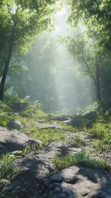 Misty Forest Pathway with Dappled Sunlight Through Canopy.
