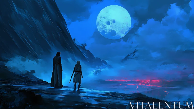 Two figures stand on a ridge under a large blue moon
