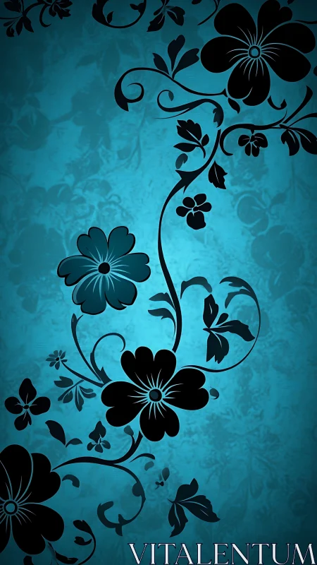Ornamental silhouette floral composition with cerulean gradient background.