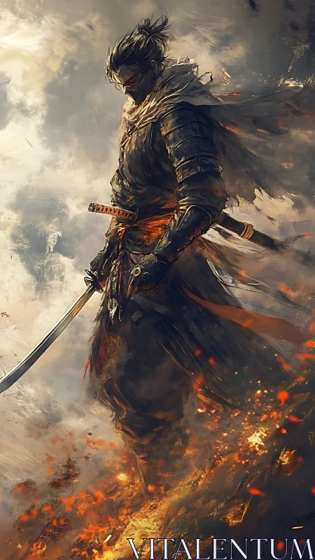 Lone armored samurai walks through burning embers and smoke