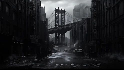 Photorealistic noir bridge corridor in cinematic grayscale urbanism.