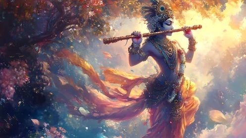 Flute-borne deity dancing through sunrise-swirled blossoms.