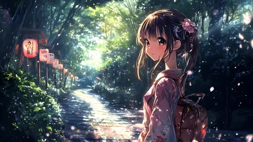 Sunlit shrine path with kimono girl and drifting petals.