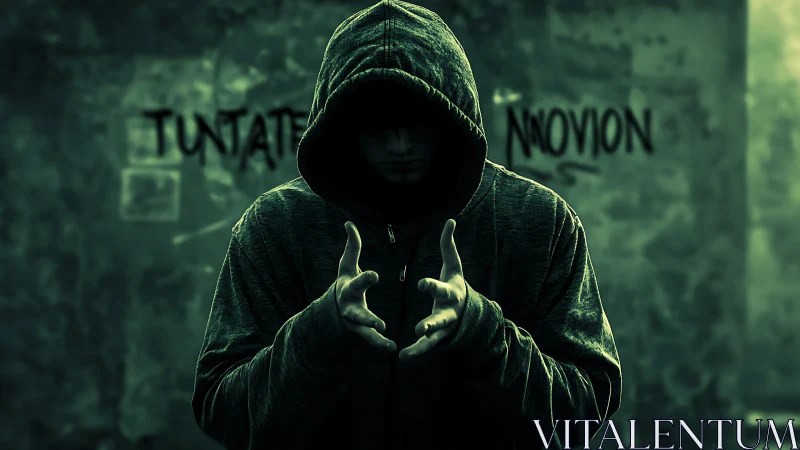 Hooded figure in dark alleyway with outstretched hands.