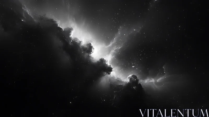 Monochrome interstellar cloud structure with scattered stars.