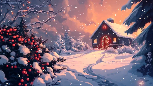 Luminous winter cabin with decorative snow-laden conifers at dusk.
