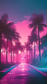 Neon tropical avenue under magenta cyan gradient sky.
