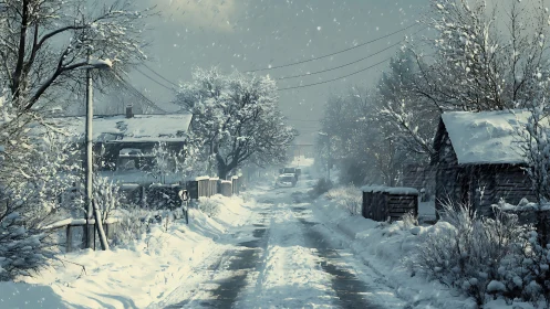 Snow covered rural road with houses and falling snow.
