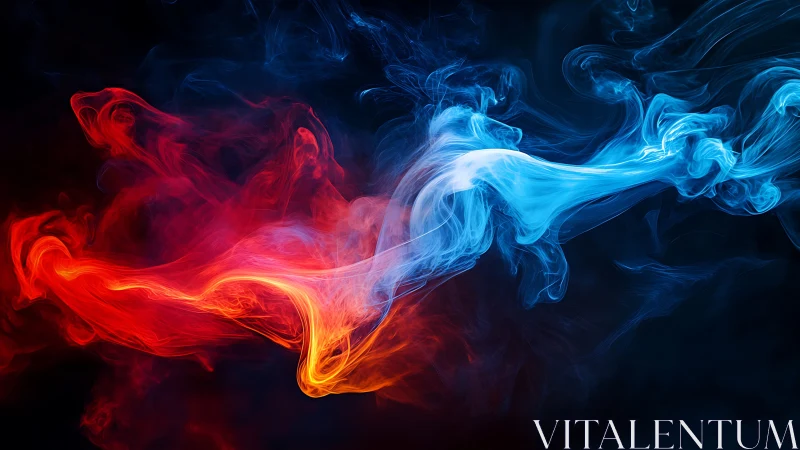 Red and blue energy plumes twist across dark void