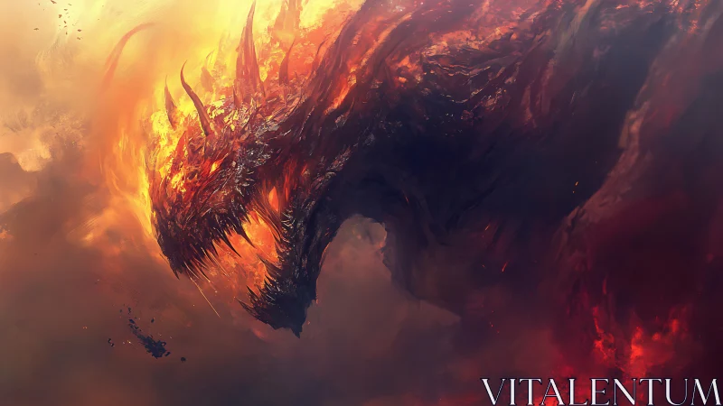 Molten fire dragon emerging from smoke and burning clouds.