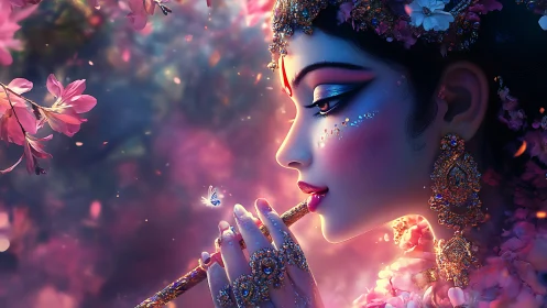 Enchanted flute player amid glowing blossoms and soft light.