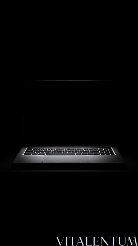 Backlit laptop keyboard glows inside dark minimalist frame.