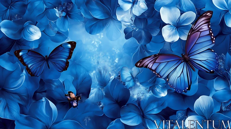 Iridescent blue butterflies drifting across floral canopy.