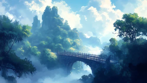 Digital painting of misty mountain bridge in lush valley.