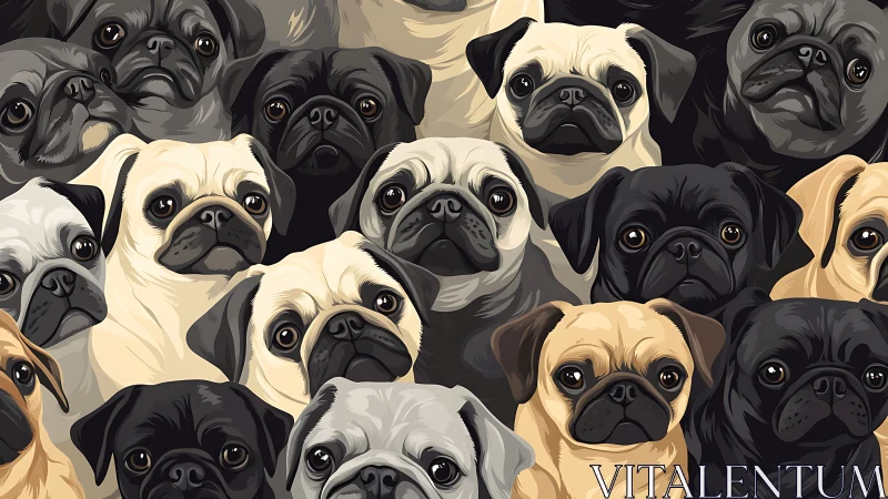 Vector illustration collage of multicolored pug dog portraits