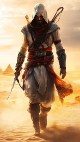 Hooded desert rogue striding through molten-gold sands.