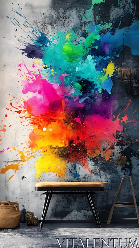 Vibrant paint explosion energizes a modern minimalist room wall