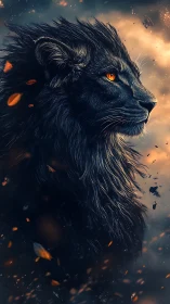 Stormborn ember-eyed lion reigning in twilight embers.