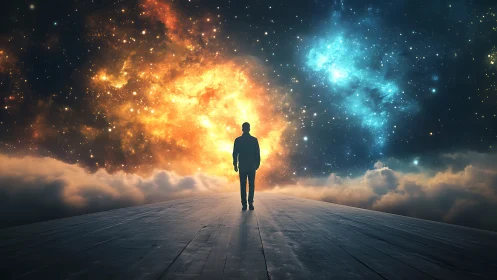 Silhouette on cosmic path walks toward blazing nebula horizon