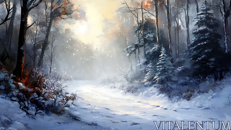 Snow-covered forest path under diffuse winter sunlight.