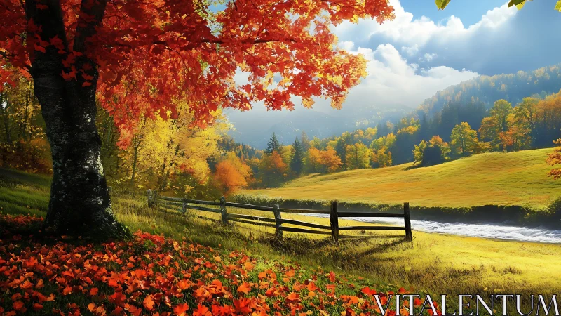 Photorealistic autumn pasture with maple foreground framing.