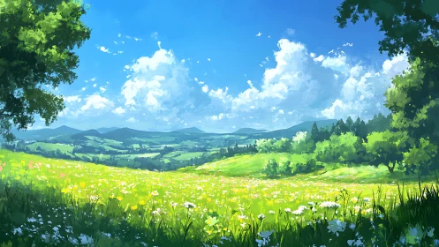 Sunlit wildflower meadow overlooking distant rolling hills