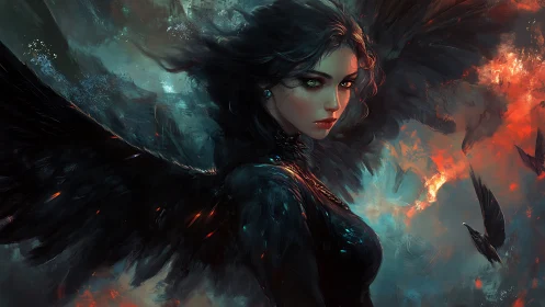 Dark-winged guardian with fiery skies and an intense gaze.