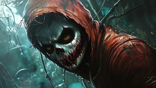 Hooded skeletal figure with painted skull mask stands in forest