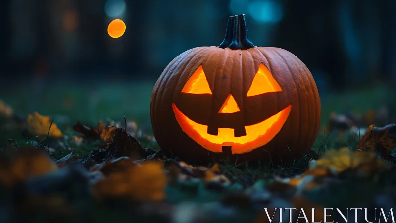 Illuminated carved pumpkin outdoors at dusk on grass.