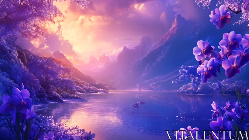 Violet alpine lake under radiant sunset with ethereal orchids