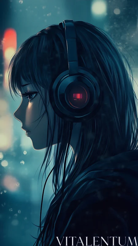 Solitary anime listener rendered in moody cyan backlight