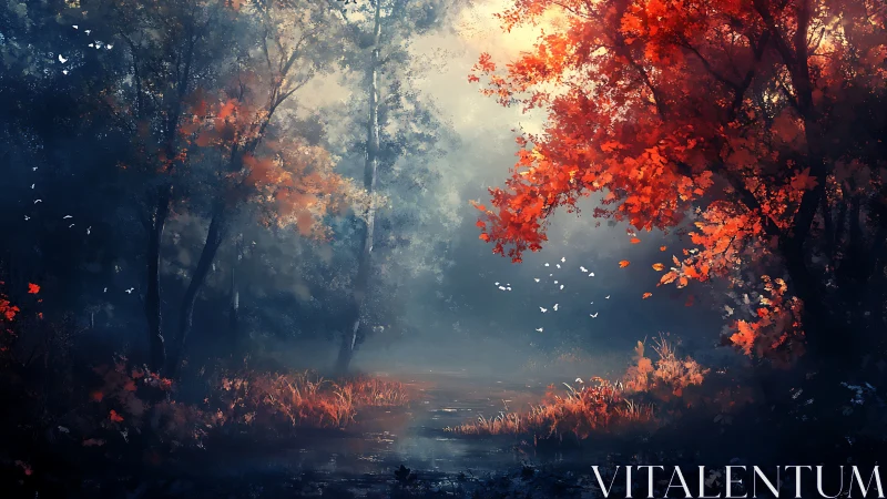 Autumn Forest Awakens: Where Crimson Canopies Meet Mist
