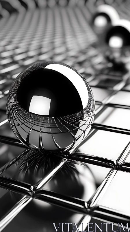 High-gloss metallic spheres on reflective grid plane study.