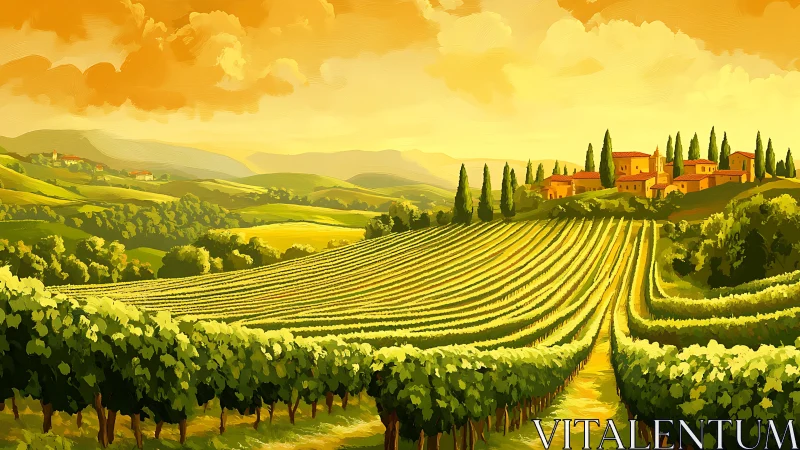 Vineyard rows extend toward distant hills under orange sky