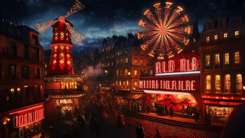 Nighttime cabaret district with neon signage, ferris wheel and windmill