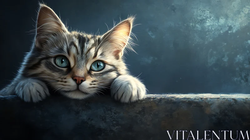 Tabby Cat with Striking Blue Eyes Peers from Stone Ledge.