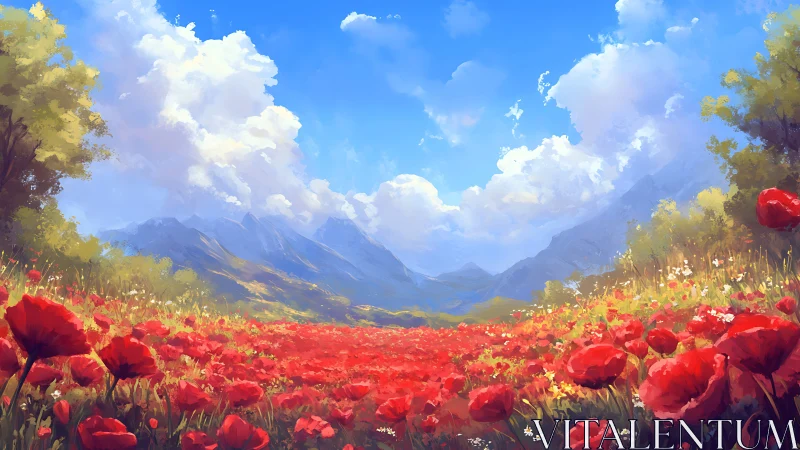 Crimson poppy sea blooms beneath dream-bright highlands sky.