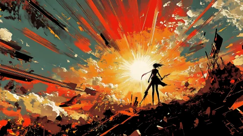 Silhouetted figure before radiant sun over fractured terrain.