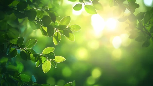 Sunlit Green Leaves in Nature with Soft Bokeh Background.