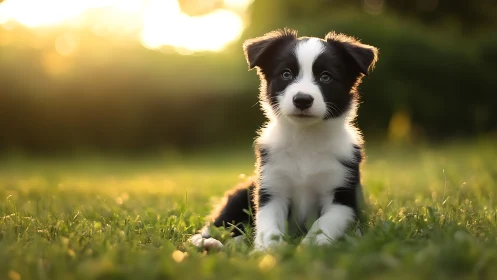 Backlit border collie puppy in shallow depth outdoor portrait