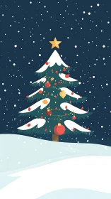 Vector-simplified snowy Christmas tree under uniform starfield.