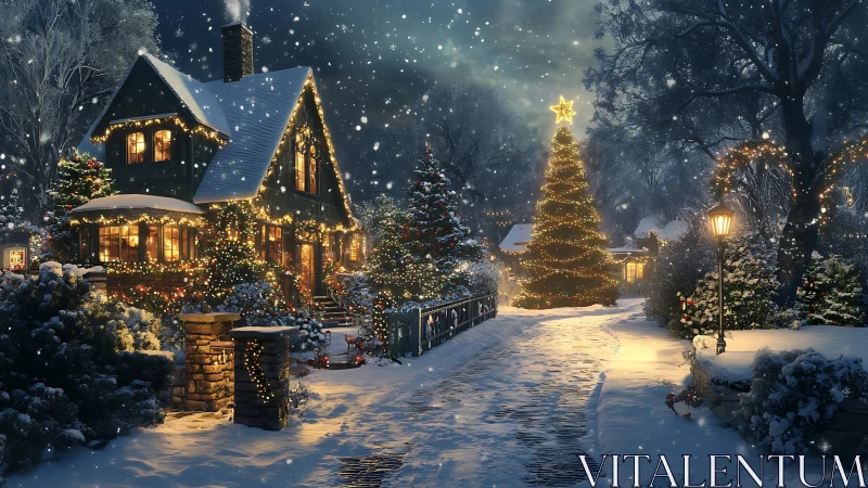 Snowy cottage glows under starlit Christmas night sky.