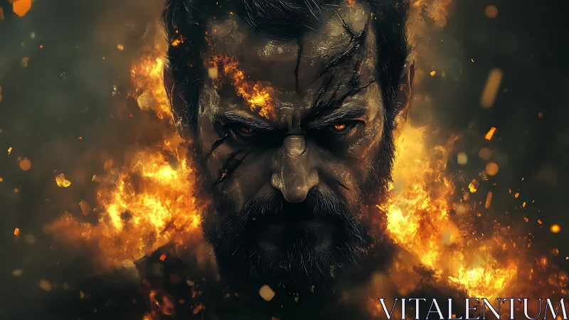 Male warrior portrait amid engulfing flames and ember sparks