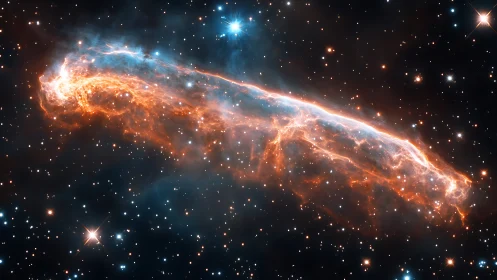 Elongated orange blue nebula structure in dense star field.