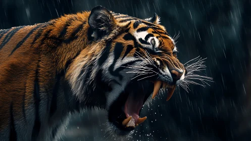 Roaring tiger in heavy rain highlights wet fur, fangs and motion blur