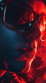 Neon red cyber portrait with reflective sunglasses glow.